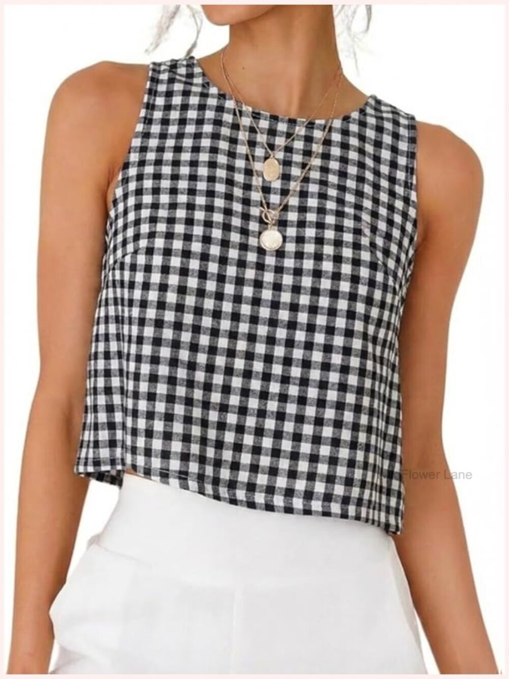 Gingham Crop Tank Top Sleeveless Summer Blouse High Neck Cute Plaid Shirt